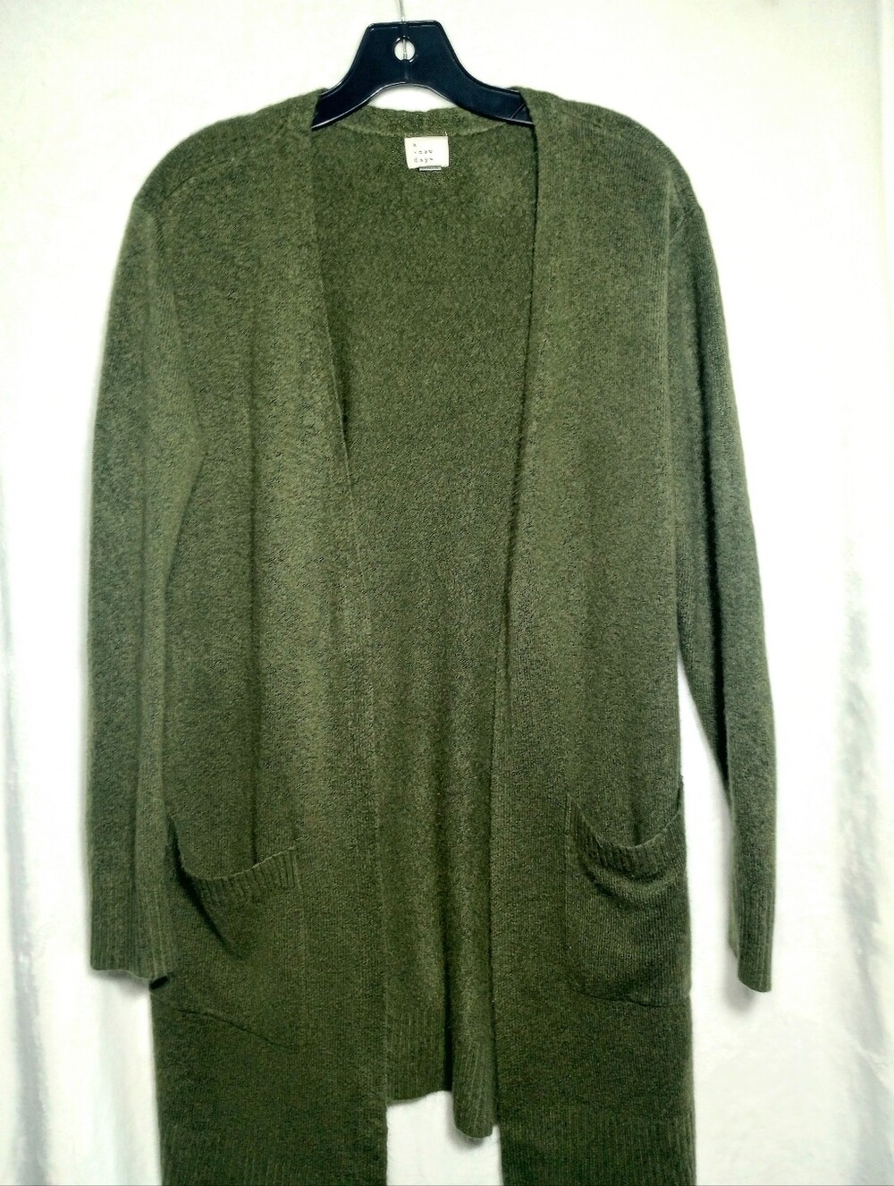 Hunter Green Solid Knit Earthy Boho Open Front Lagenlook Cardigan With Pockets